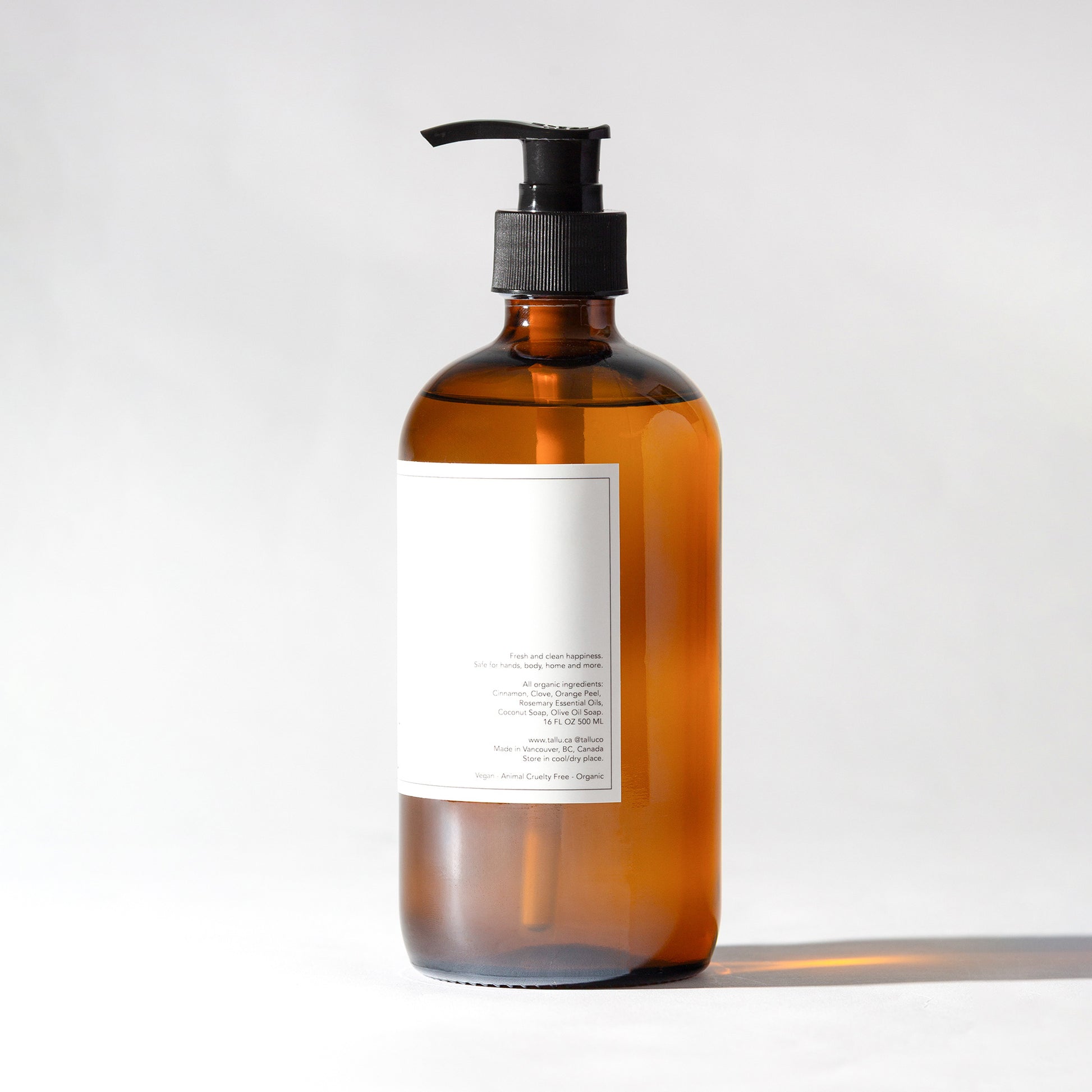Back label of Tallu Hand Soap, showcasing ingredients and product details.